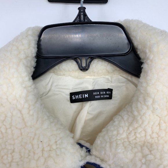 Shein Jacket Faux Shearling Button Front Beige Blue Contrast - Picture 3 of 11